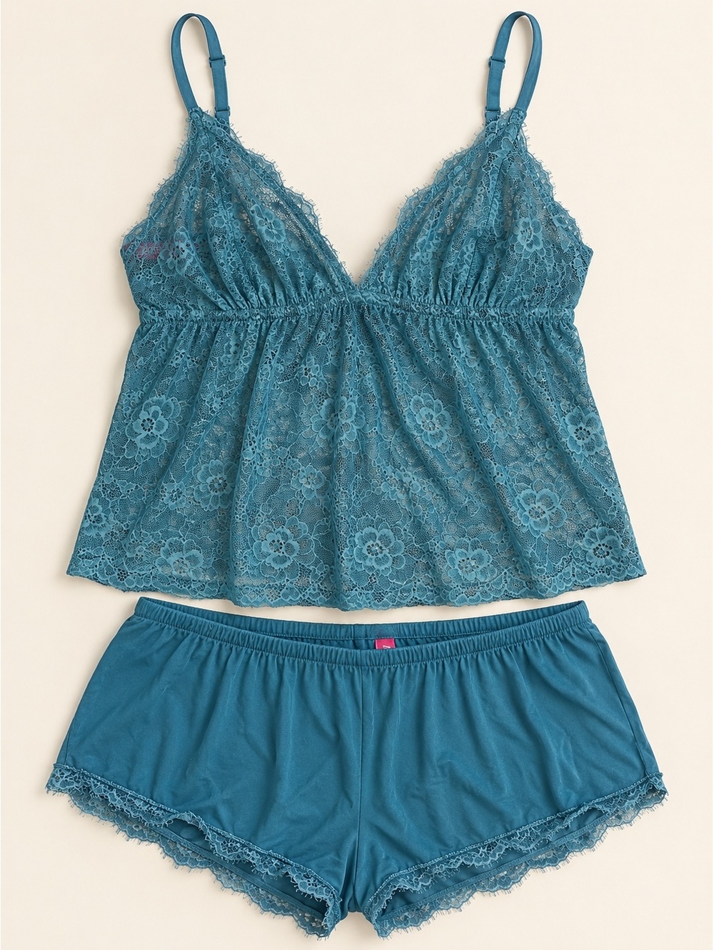 Adore Me Teal Floral Lace Cami & Shorts Two-Piece Sleepwear Set